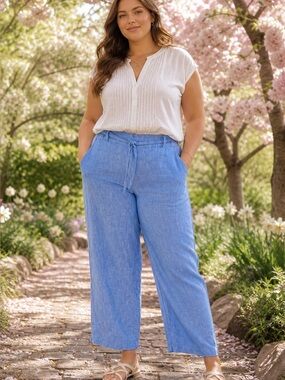 Talbots Linen Blue Chambray Belted Wide Leg Beachy Coastal Pants Size 14